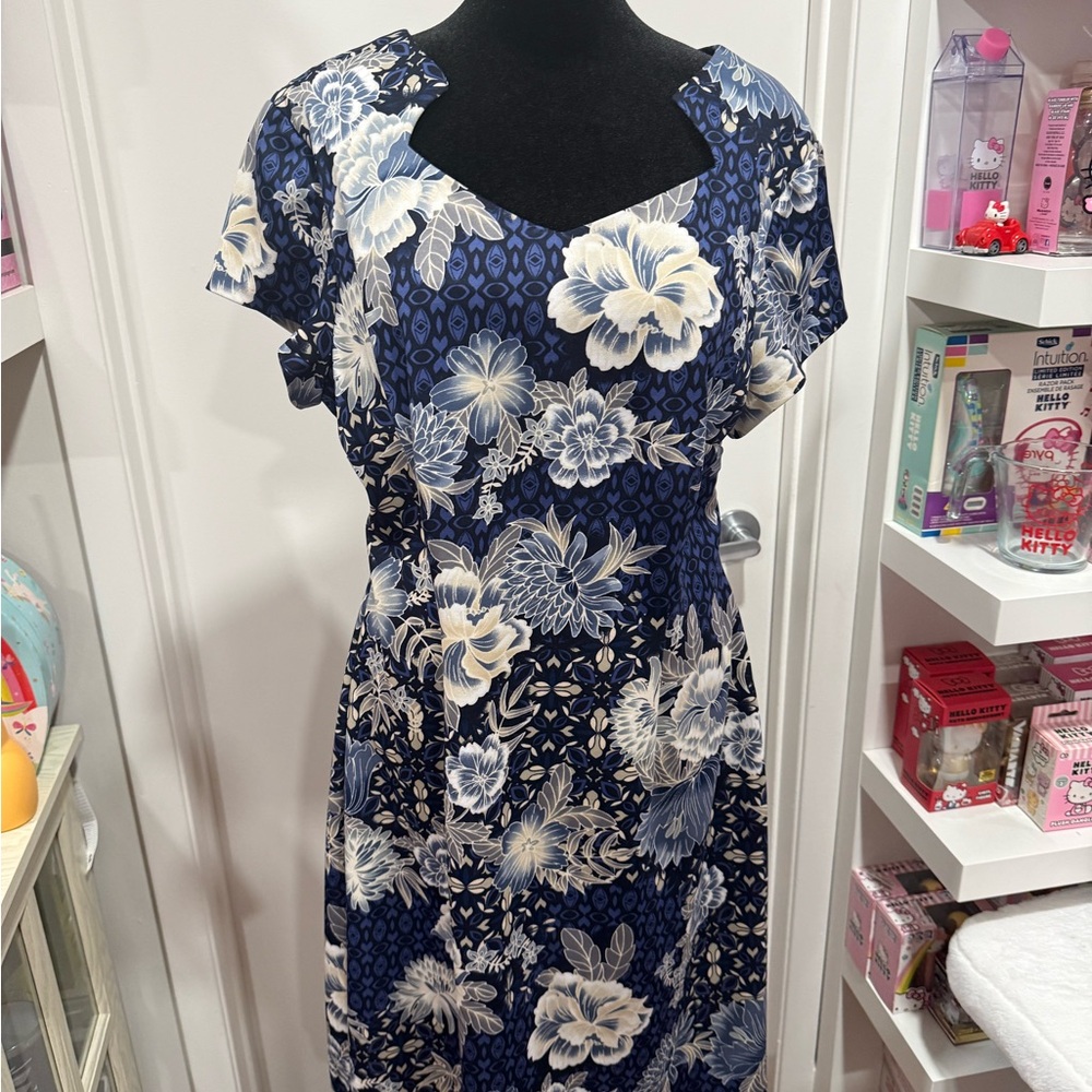 Connected Apparel Navy and White Floral Midi Dress